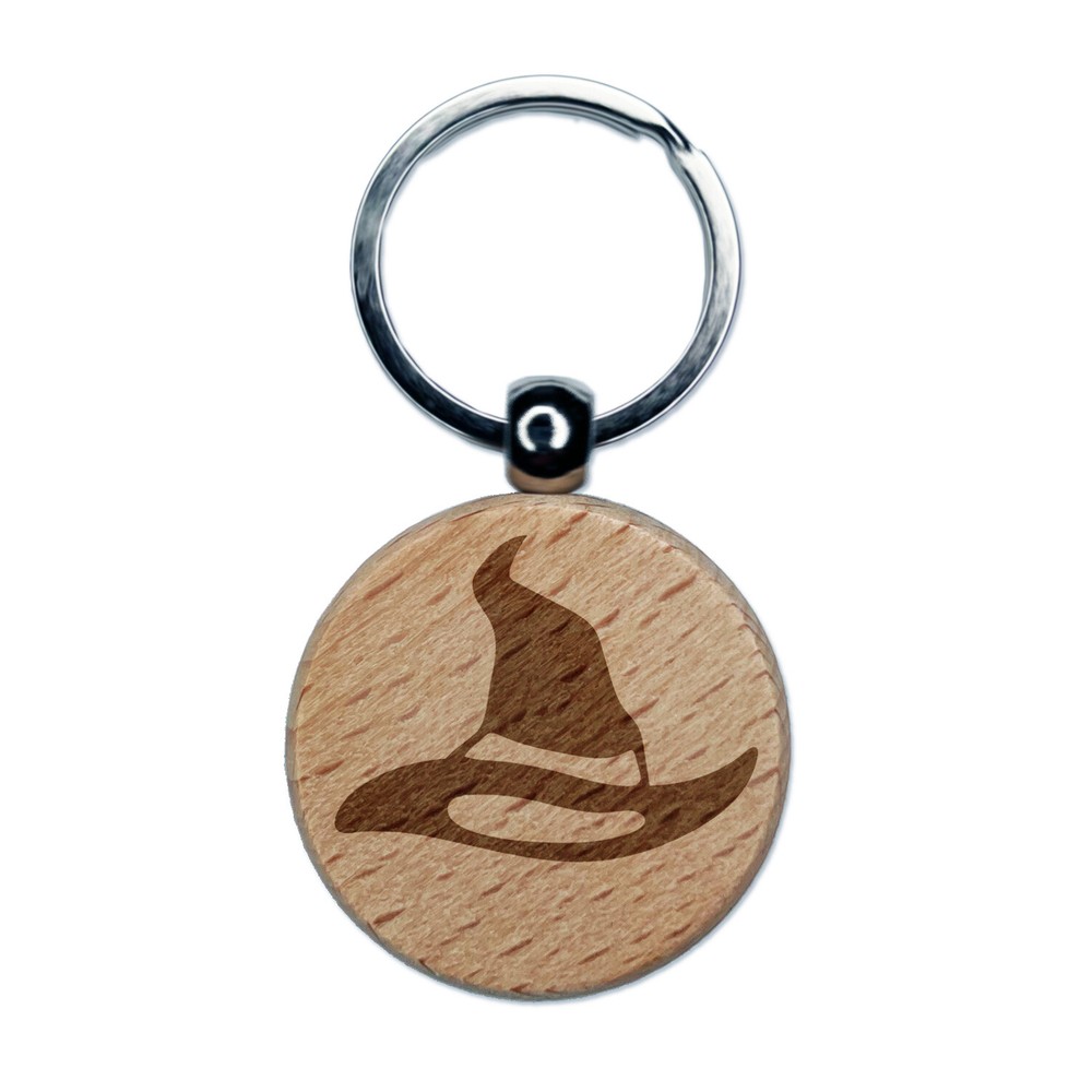 Halloween Witch Hat Engraved Wood Round Keychain Tag Charm