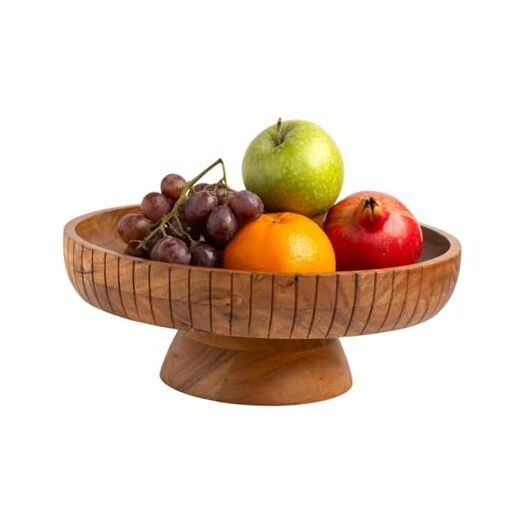 Acacia Wood Pedestal Fruit Bowl 12 Inch Natural Decorative Serving Dish-image