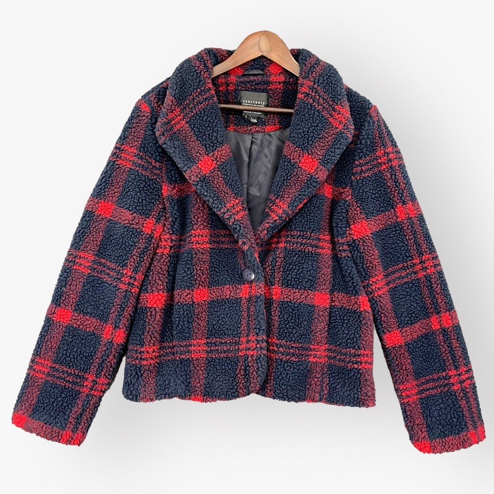 Sanctuary Teddy Jacket Women L Blue Red Plaid 1-Button Closure Long Sleeve W52
