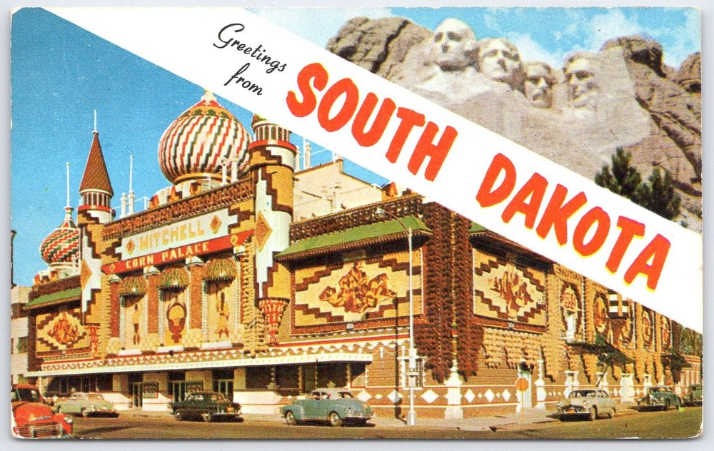Mitchell Corn Palace & Mount Rushmore Postcard - South Dakota Plastichrome