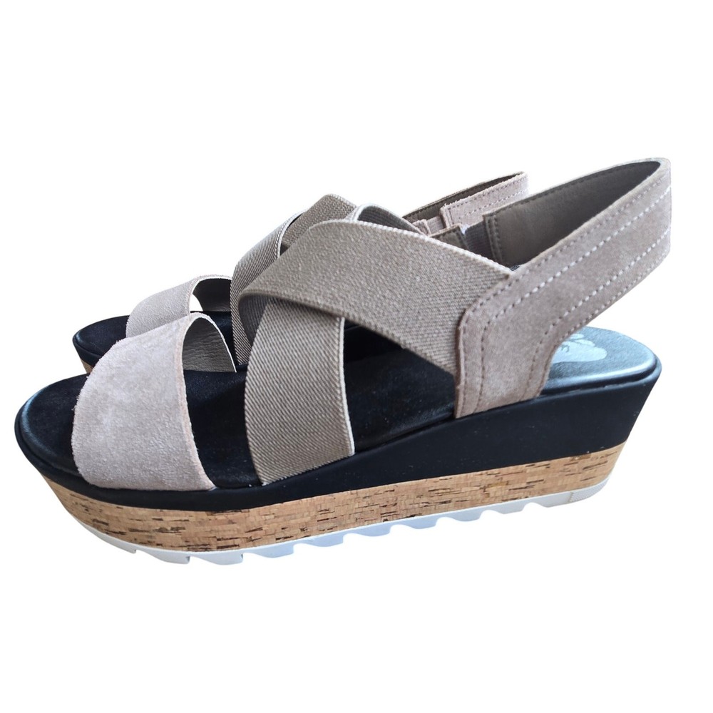 Sorel Sandal US 8.5 Cameron Stretch Leather Strappy Cork Wedge Tan Black Preppy