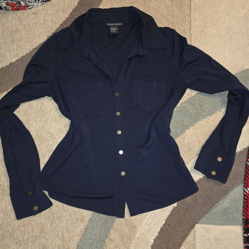 Boston Proper Navy Blue Button-Up Collared Long Sleeve Dress Shirt Size S Rayon