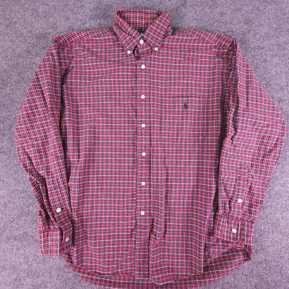 VTG Polo Ralph Lauren Big Shirt Men's M Oxford Plaid Blue Pony Button Down