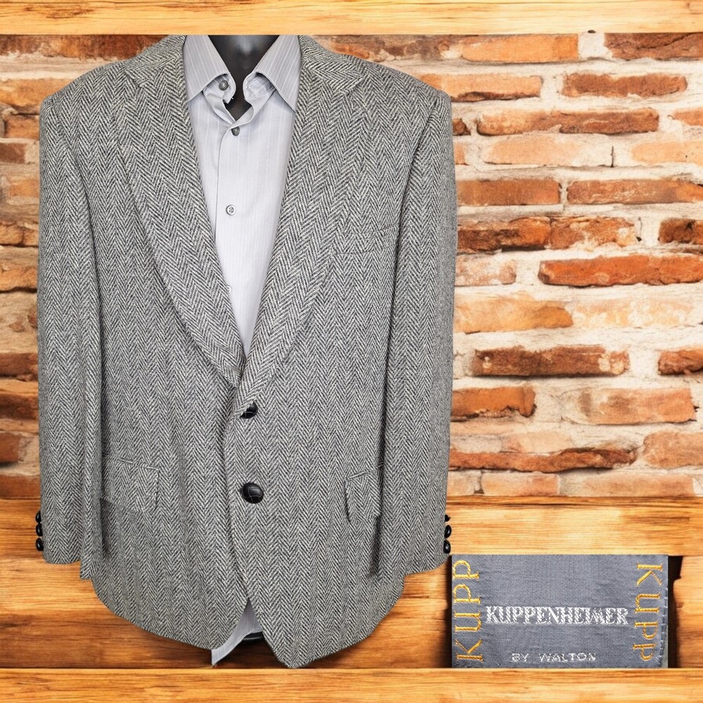 Kuppenheimer Jacket Blazer Mens 42R Gray Herringbone Tweed 2 Button Roll Wool