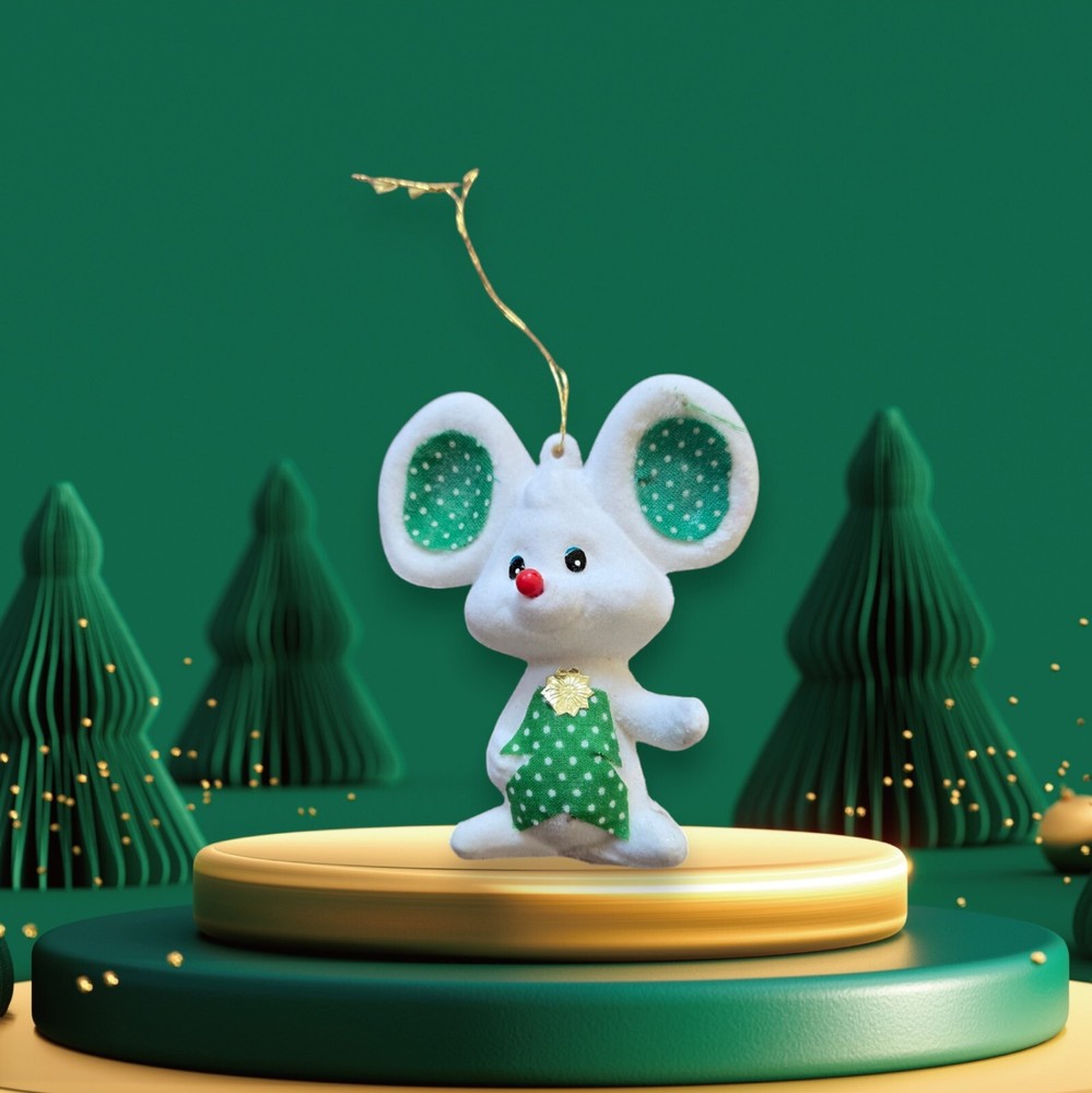 Adorable White Flock Green Dot Accent Happy Mouse Christmas Tree Ornament-image