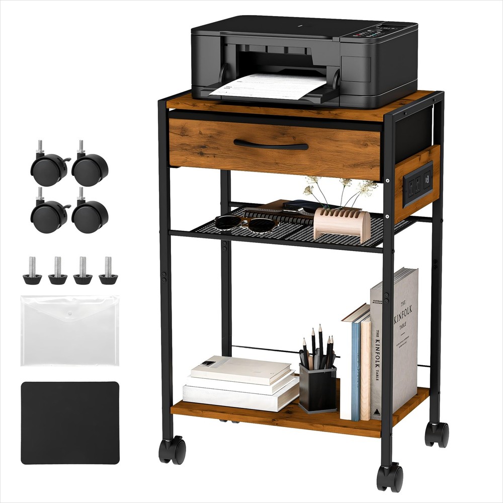 3-Tier Printer Stand with Charging Station, Rolling Cart with USB  AC Ports