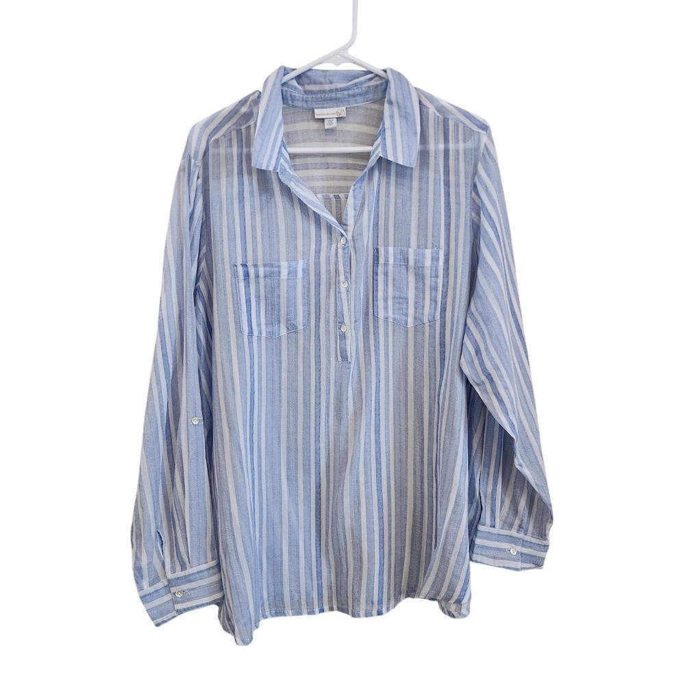 Vintage 1962 Striped Cotton Collared Blouse Blue White 2X Long Sleeve