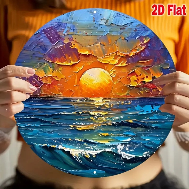 Vintage Coastal Sunrise Round Metal Wall Art Ocean Waves