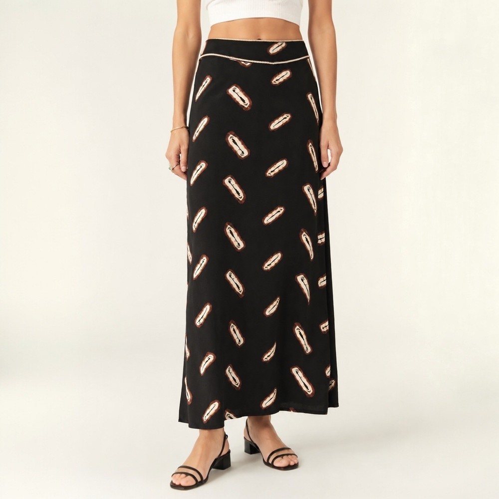 ba&sh Cayrel Long Flowing Skirt Noir Black Abstract Print Maxi Size 38 US 6