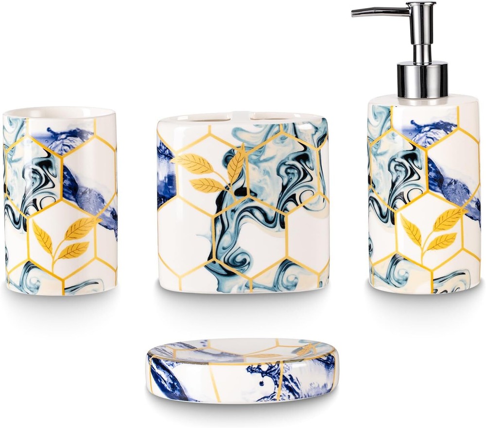4 Piece Sky Blue Geometric Bathroom Accessories Set with Navy Blue Abstract Art-image