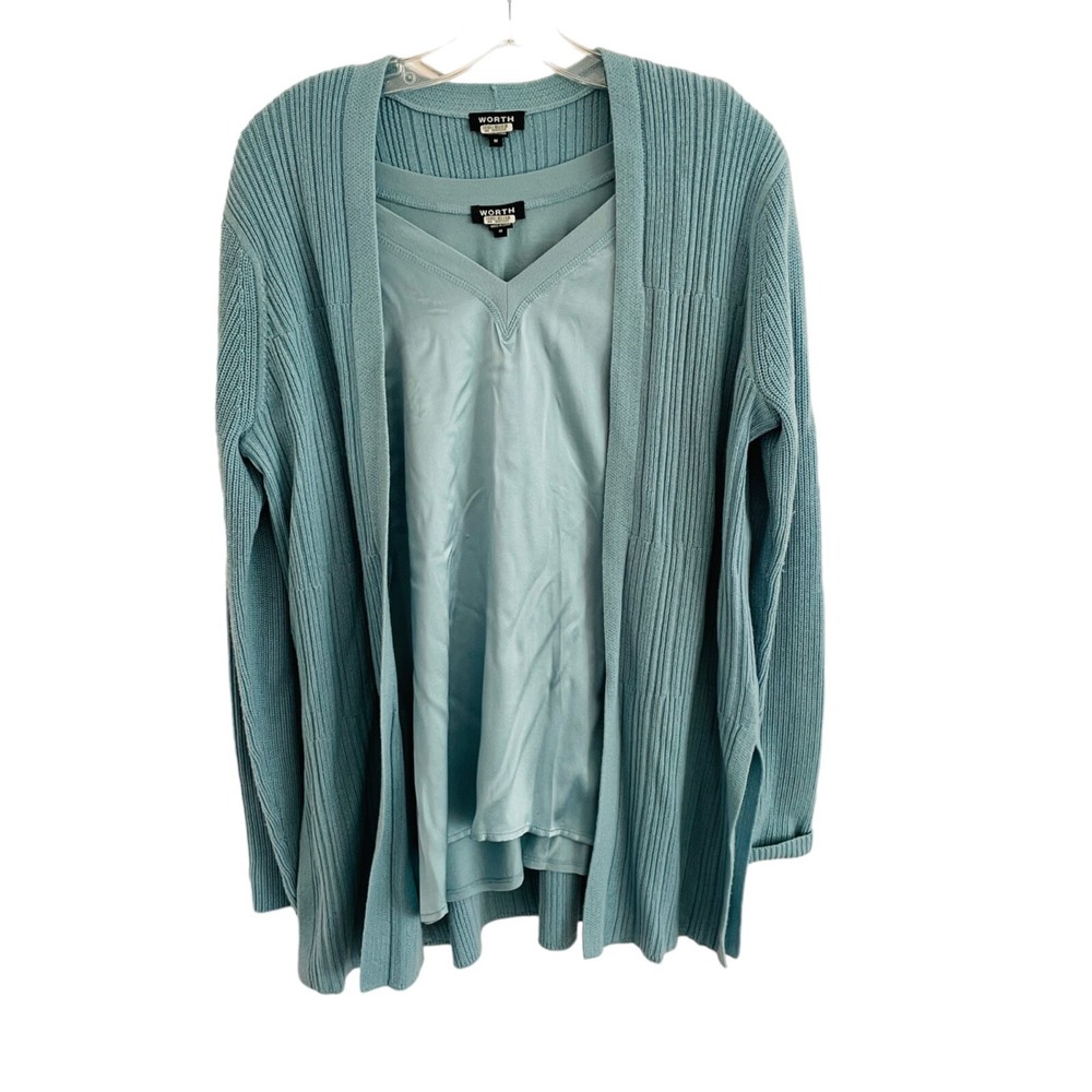 Worth New York Sweater Set Size Medium Blue Wool Cardigan and Silk Shell