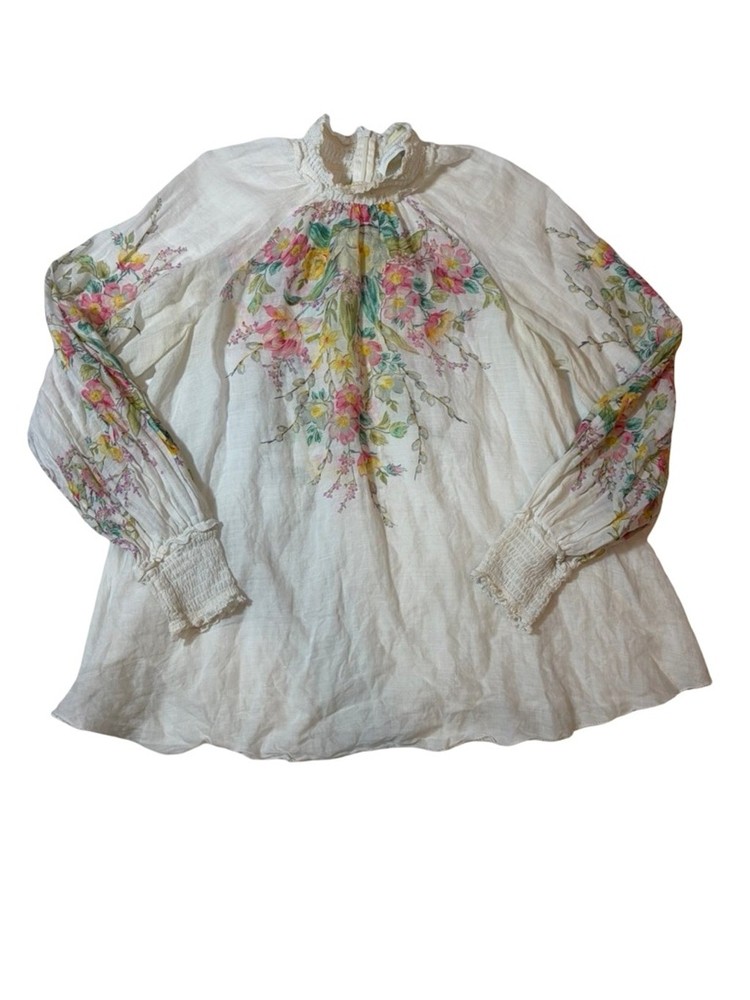 Zimmermann Zinnia Floral Print Shirred Ramie Blouse Ivory Boho Top Sz 2