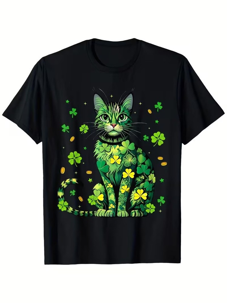 St. Patrick'S Day Cat & Clover Graphic T-Shirt