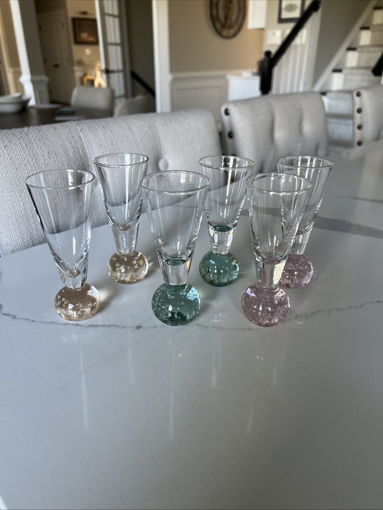 Vintage MCM Colored Shot Or Cordial Liqueur Glasses Set of 6 Bubble Ball Stem
