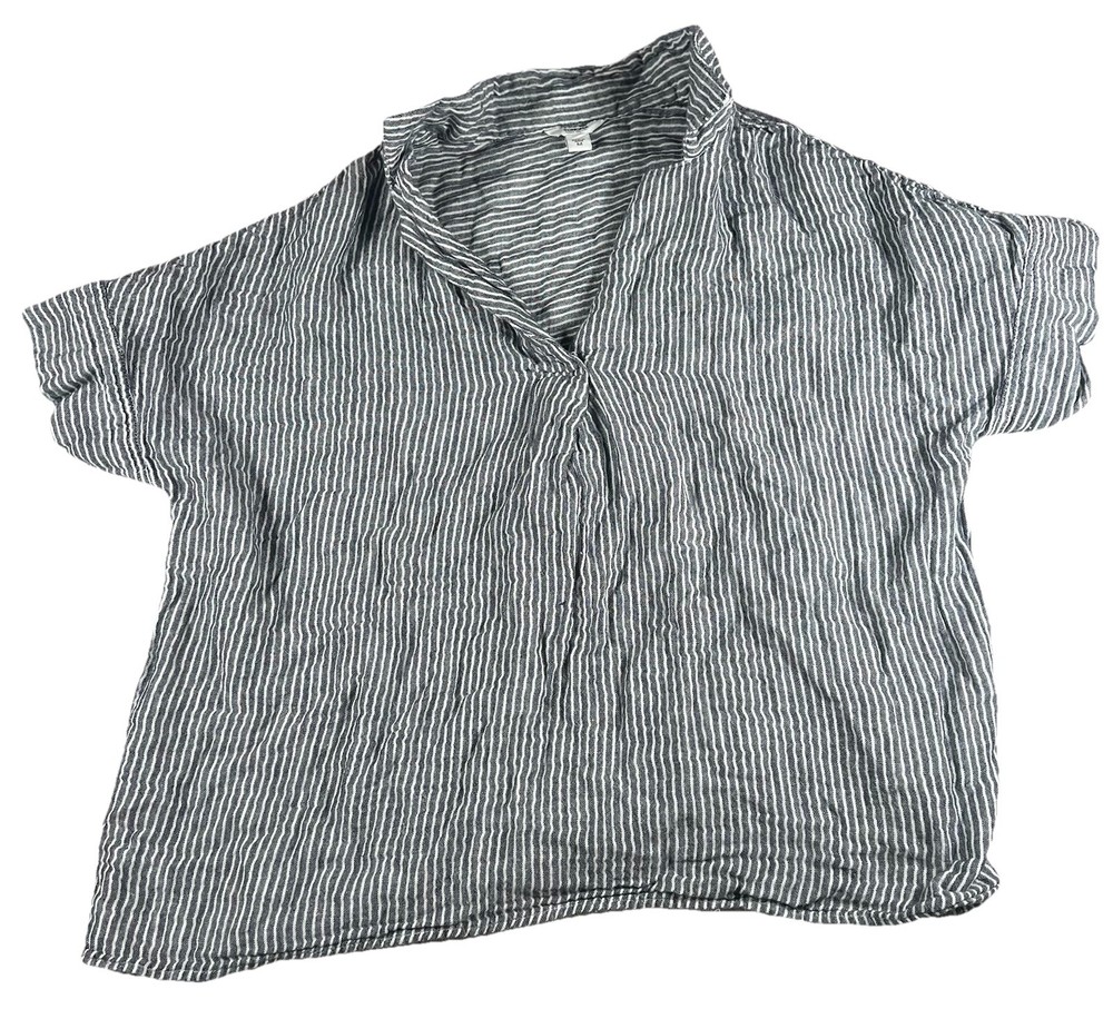 SONOMA M Crop Top S/S Dolman Cotton Stripe Black White Collar Yoke Back Pullover