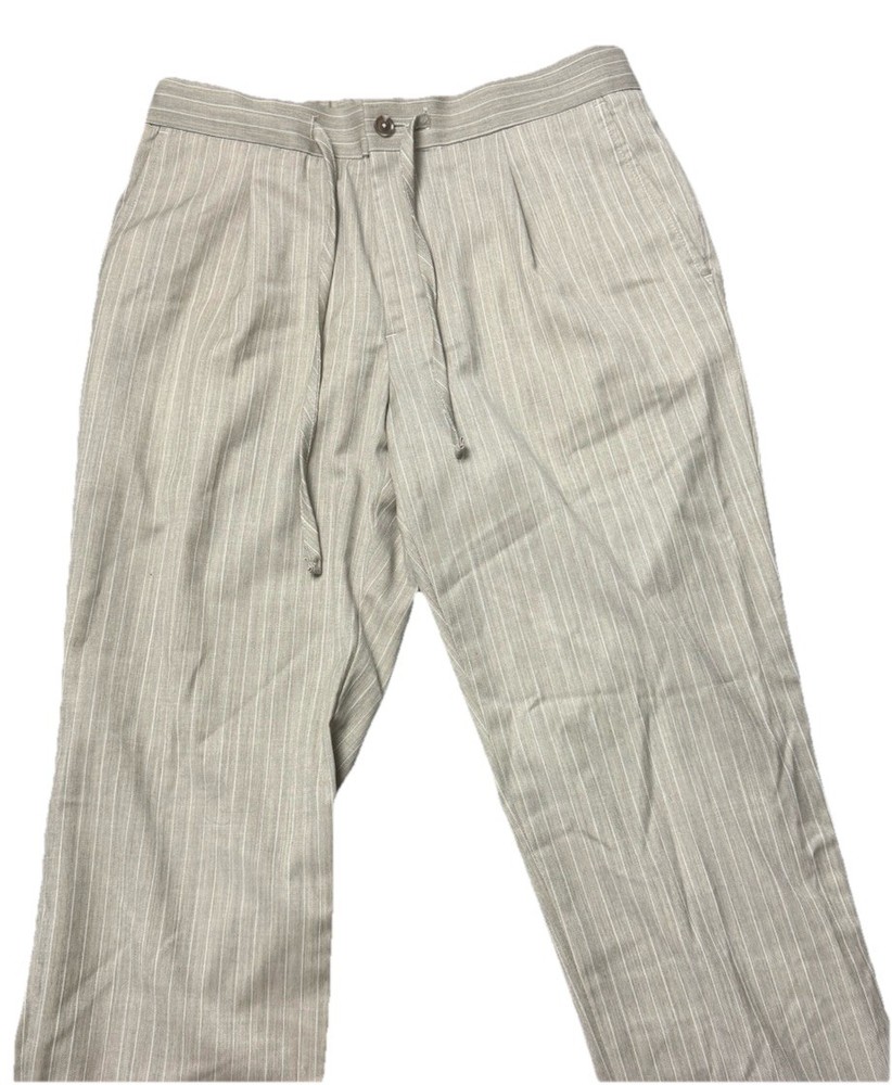 Stafford Men's Beige Pinstripe Wool Blend Regular Fit Pleated Dress Pants