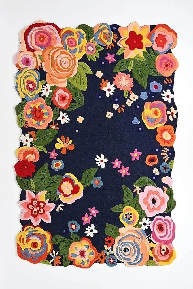 Handmade Woollen Rug Irregular Shape Loop & Cut Floral Hand Tufted Carpet