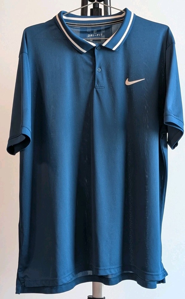 Nike Court Polo Shirt Mens XL Blue striped Collar Tennis Dri Fit Performance