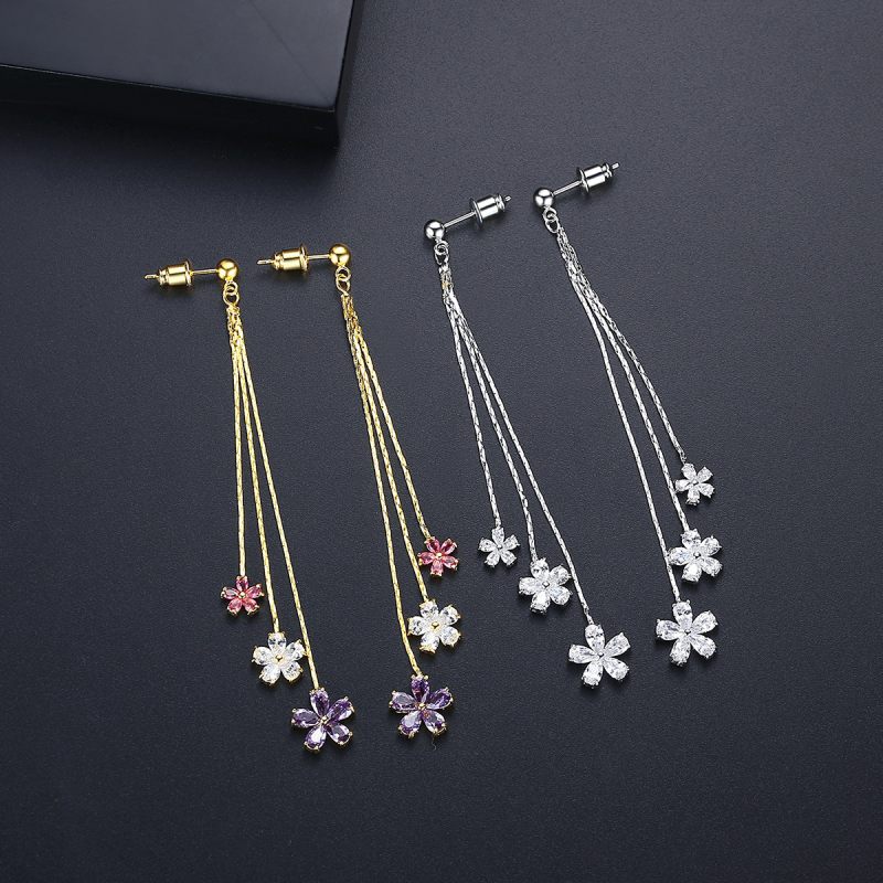 Tassel Flowers Colorful Zircon Earrings Fashion Simple Women Gold Plated Jewelry