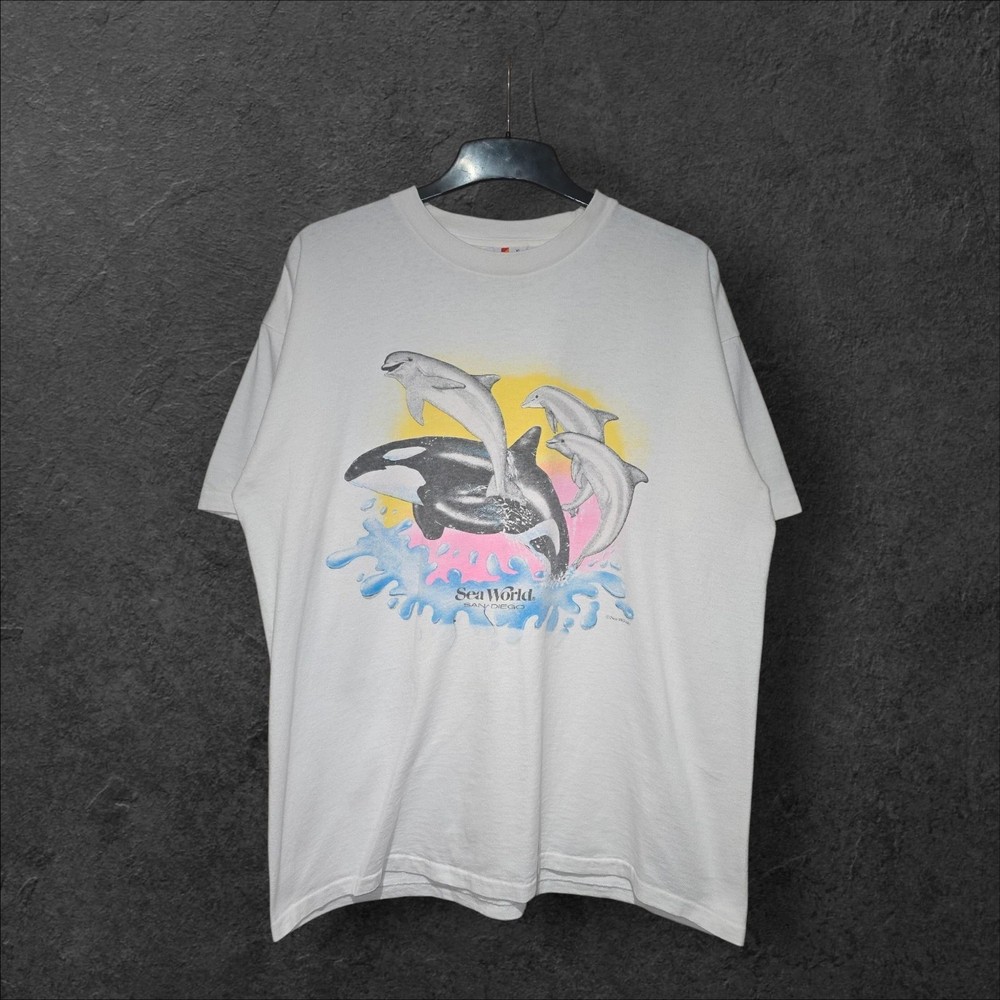 Men's White Vintage Signal Sea World Single Stitch Graphic T-shirt, XL