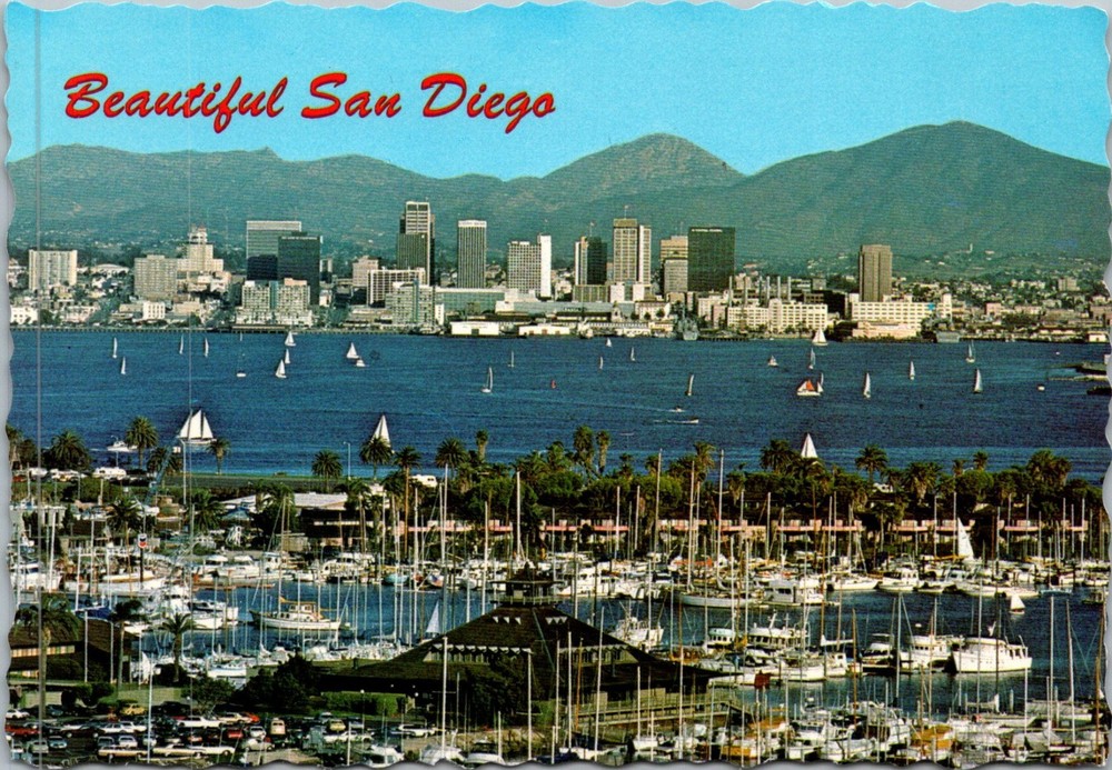 Beautiful San Diego Bay Aerial View Harbor North Island Posted Chrome Postcard