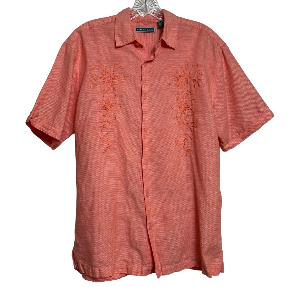 Cubavera Short Sleeve Button Front Hawaiian Embroidered Shirt S Linen (2592)