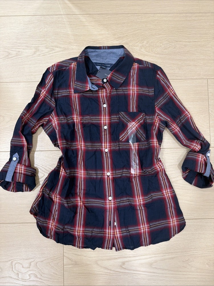 twentyone Purple Plaid Flannel Button-Up Roll Tab Sleeve Women's Shirt M