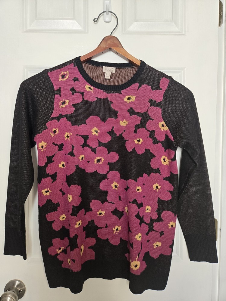 LOGO by Lori Goldstein Floral Jacquard Long Sleeve Sweater Black Size XS