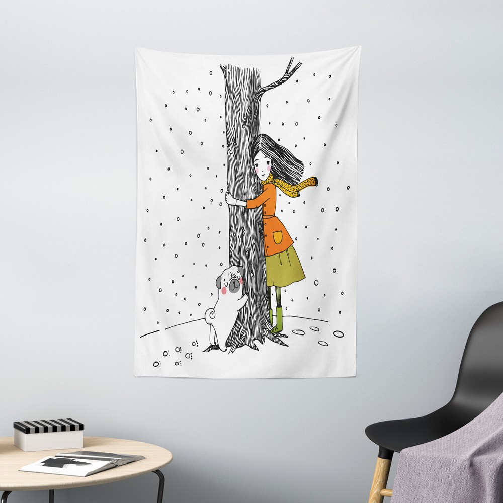 White and Black Tapestry Girl with Pug Print Wall Hanging Decor