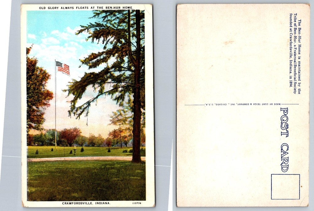 Old Glory Ben-Hur Home Crawfordsville Indiana Vintage Curt Teich Postcard