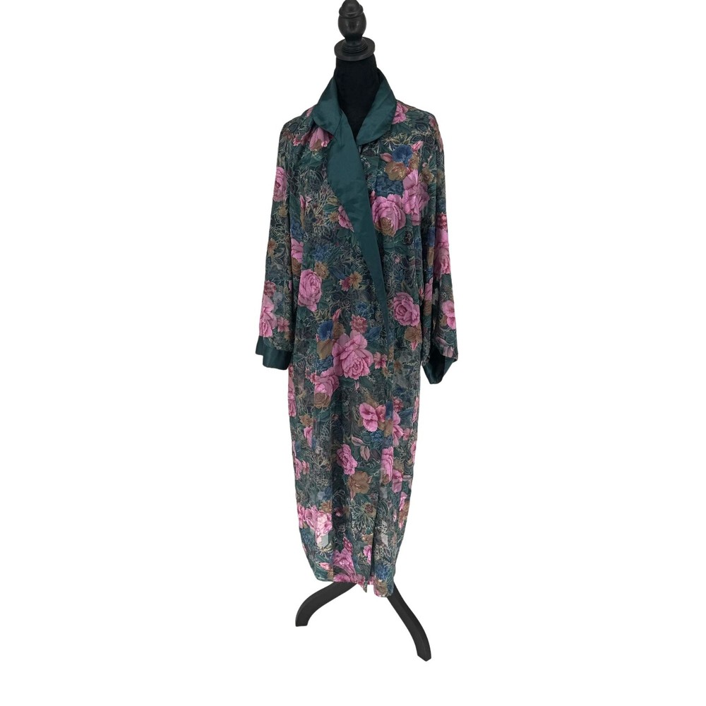 Vtg Victorias Secret Sheer Robe Womens Green Satin Y2K 90s Gold Label Floral