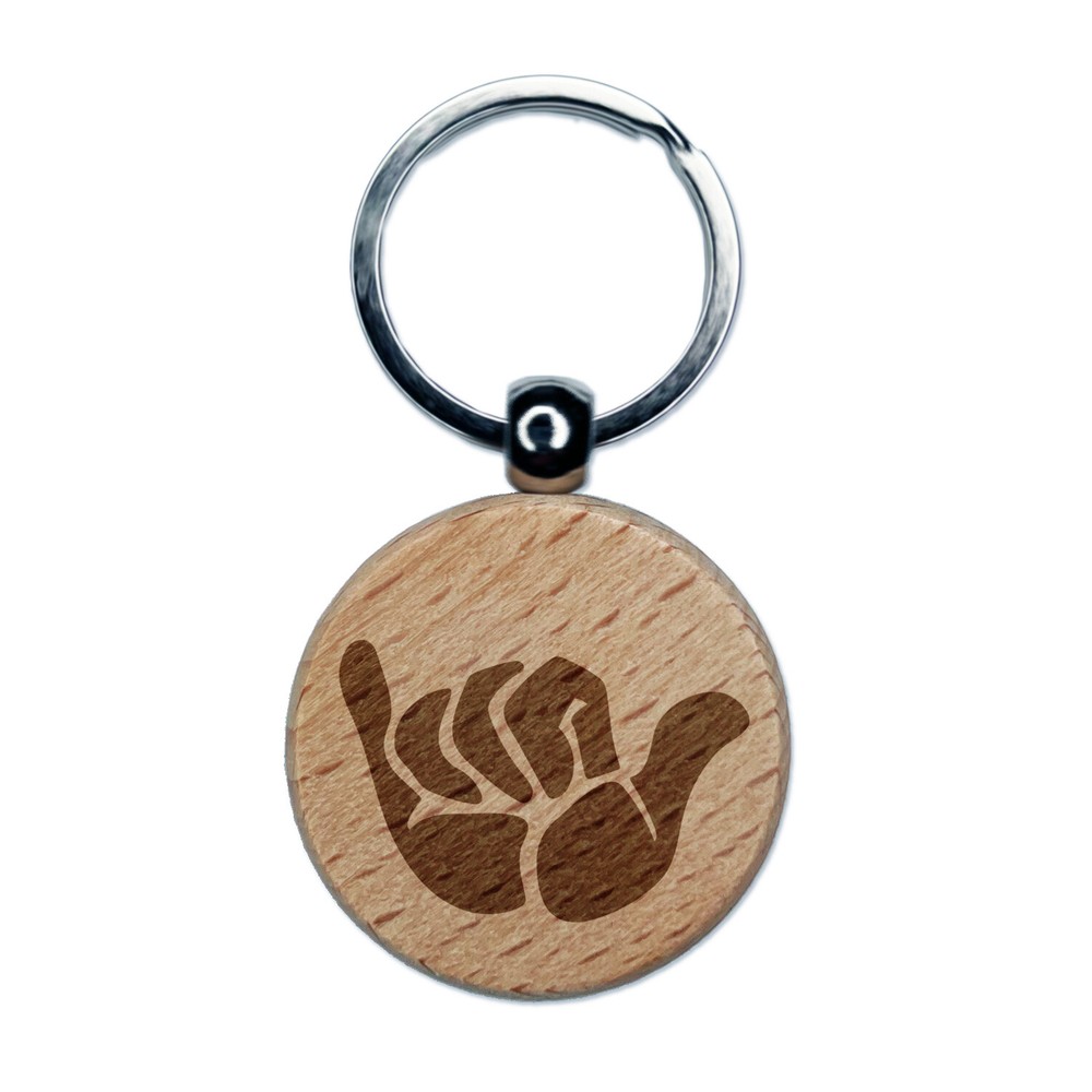 Shaka Hang Loose Surfer Sign Engraved Wood Round Keychain Tag Charm