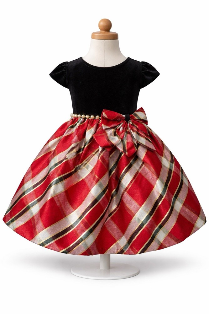 Bonnie Jean Fit & Flare Girls' Knee Length Dress 10 Red Plaid Velvet Holiday