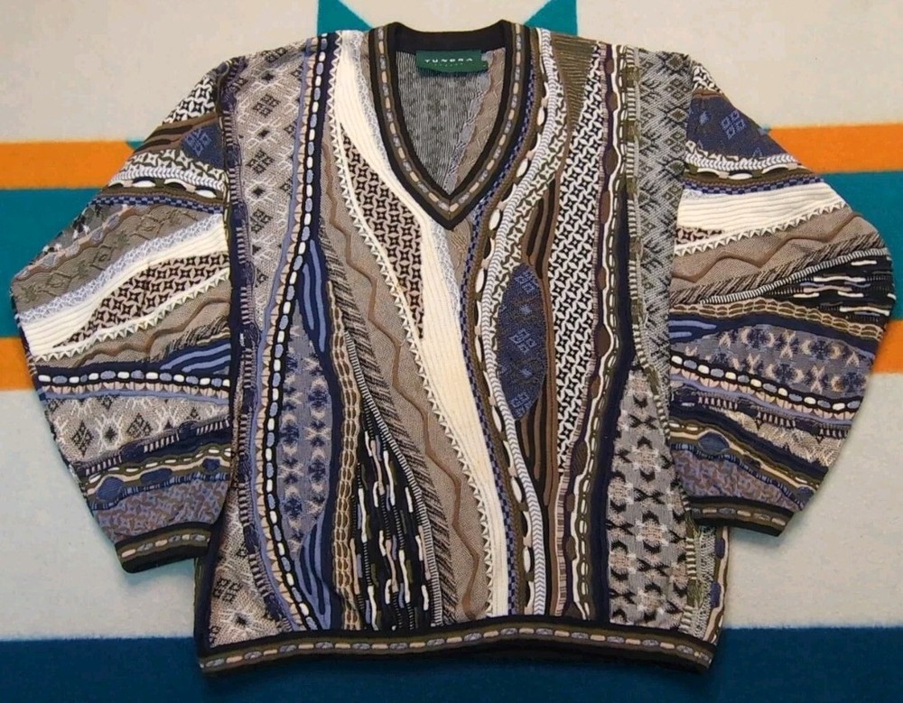 Vintage Tundra Sweater Coogi Style Canada 3D Knit Cosby Ugly V-Neck 90s Large