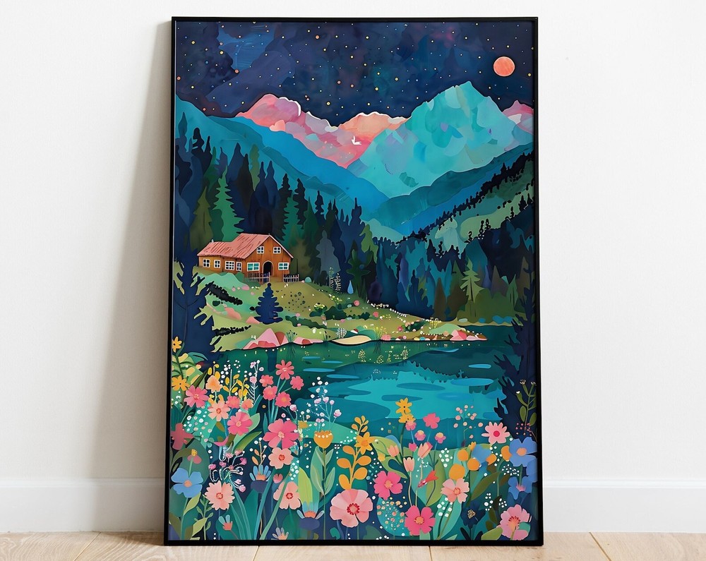 Maximalist Floral Garden Valley Mountain Artwork Colorful Wall Art Art Living