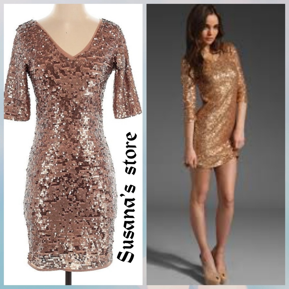 NWT BCBG MAXAZRIA SIZE XS Maura Rose Gold Sequin V-neck Bodycon Mini Dress