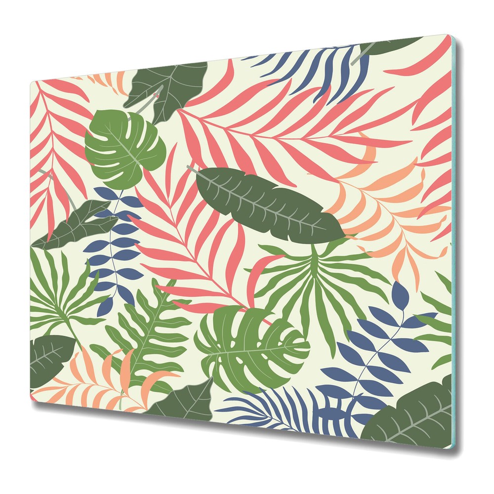Glass Chopping Cutting Board Pastel Colourful Exotic Leaves Watercolour 60x52