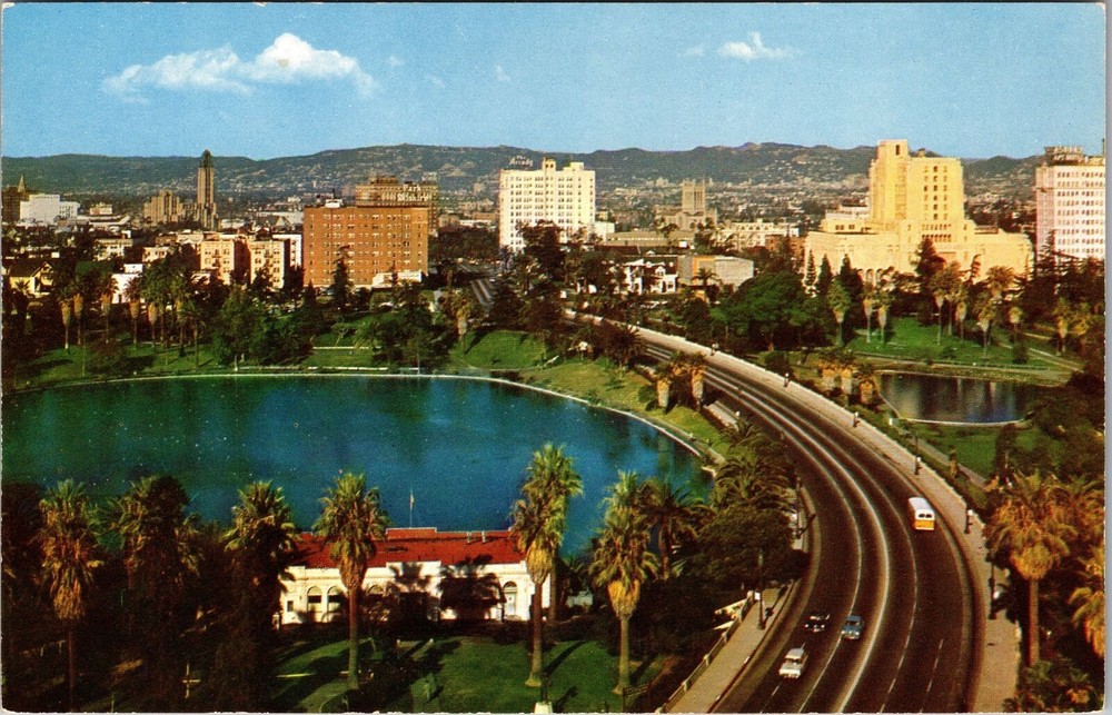 Los Angeles CA-California, Mac Arthur Park, Aerial, Vintage Postcard