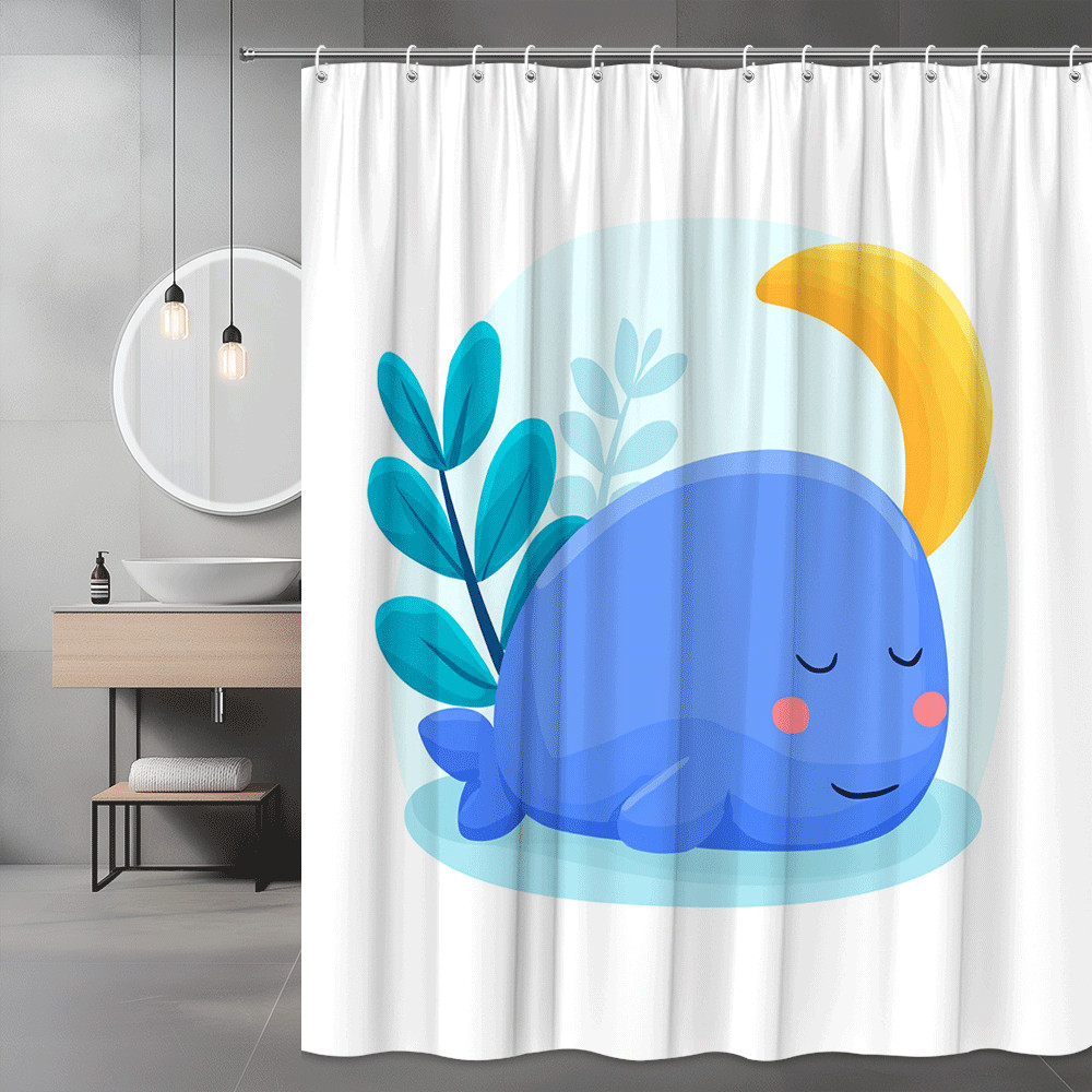 Cute Whale Shower Curtain Blue Moon Leaf Cartoon Print