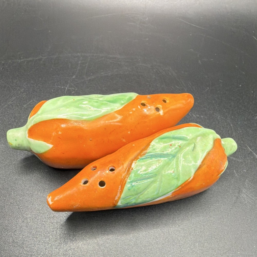 Ceramic Hand Painted Carrot Salt & Pepper Shakers Set of 2, Orange Green