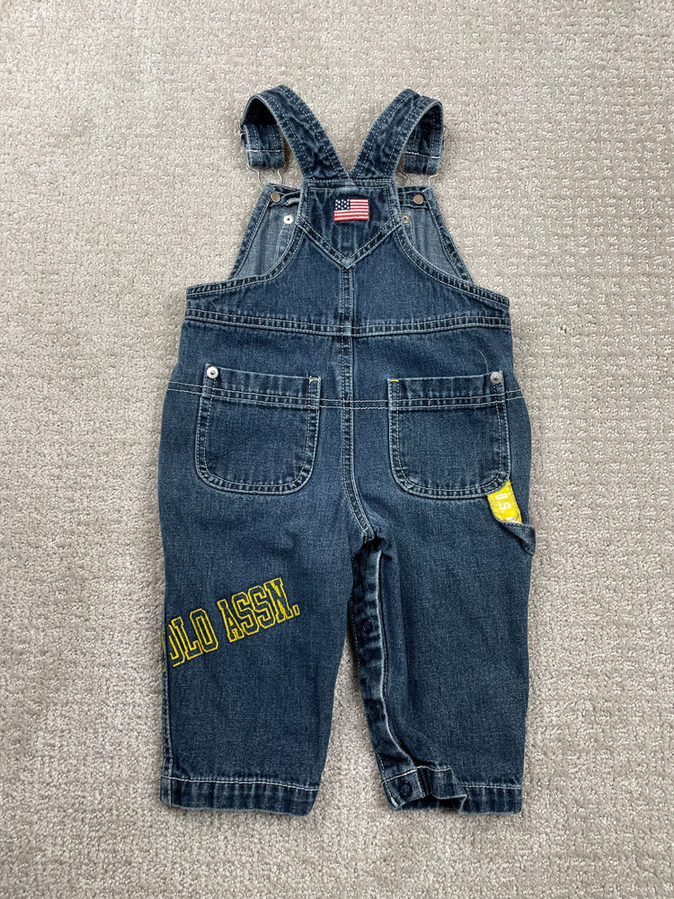 Vintage US POLO ASSN Overalls Size18M Blue Denim Embroidered Flag Carpenter Y2K