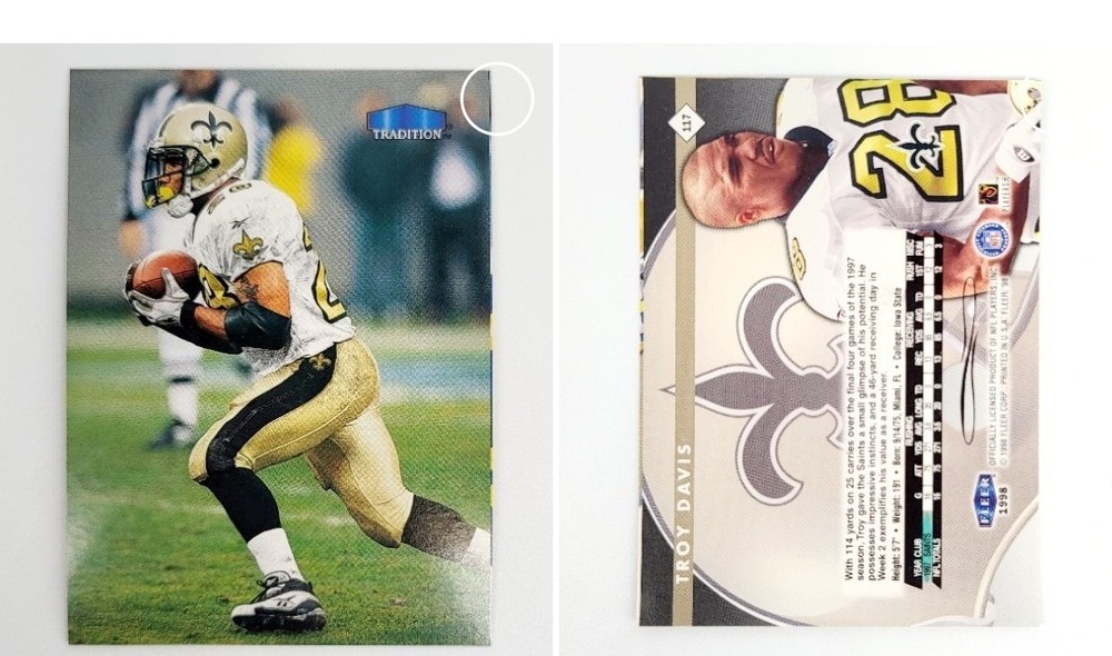 1/1 ? RARE NO NAME LOGO ERROR MISPRINT 1998 Fleer Tradition TROY DAVIS SAINTS