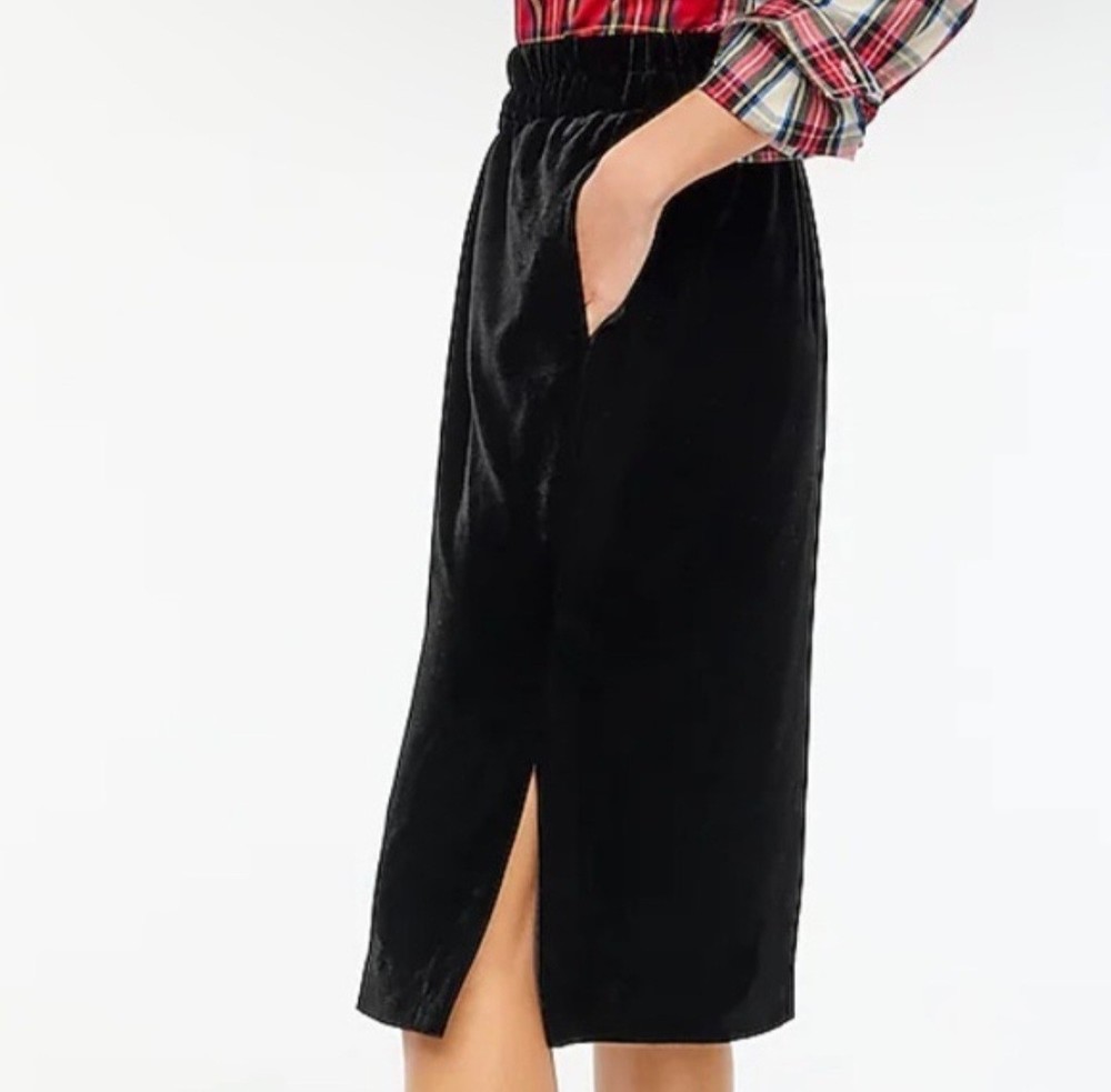 J CREW Crushed Velvet Midi Skirt Women’s S Black Lined Side Slit High Waist