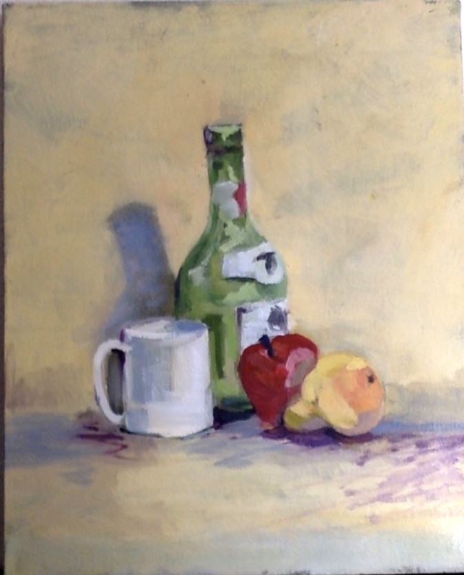 Original Oil Painting / Wine Bottle Vegetables Still Life Vintage 16 x 20 inches