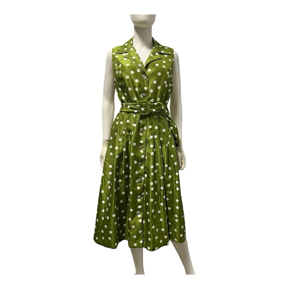 Jessica Howard Green Polka Dots Derby Classic Belted Sleeveless Dress 12