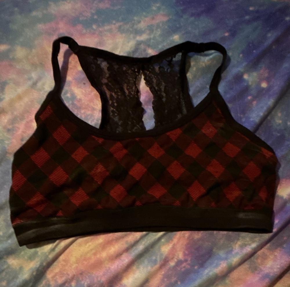 maurices XL Red/Black Plaid Lace Racerback Sports Bra Wireless Pullover