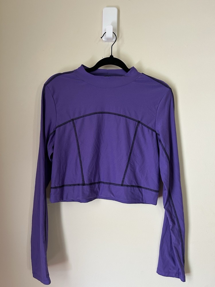 Purple Ankle Leggings & Long Sleeve Crop Top Set with Contrast Stitching