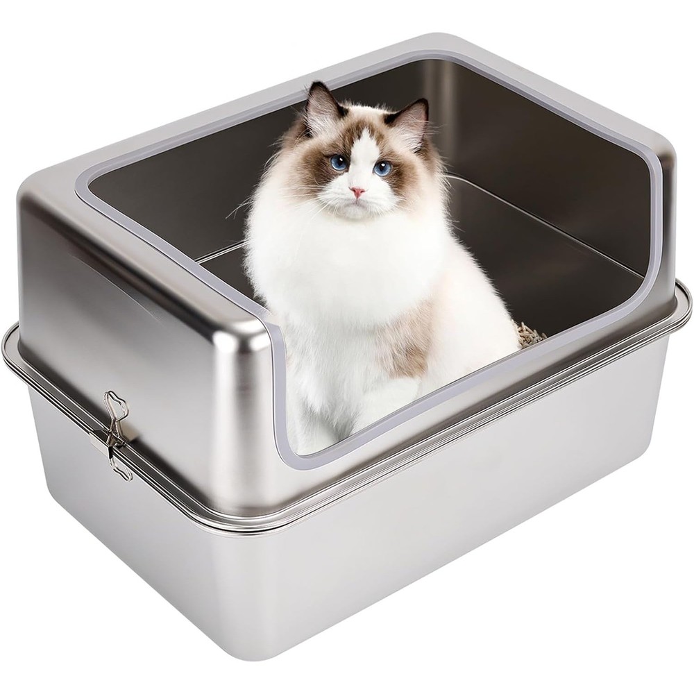 Stainless Steel Cat Litter Boxes with Metal Lid, Large Kitty Litter Pan