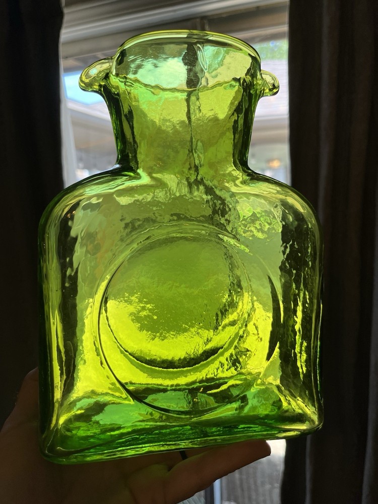 Vintage Blenko Chartreuse Double Spout Water Pitcher Jug Carafe Vase Mid Century
