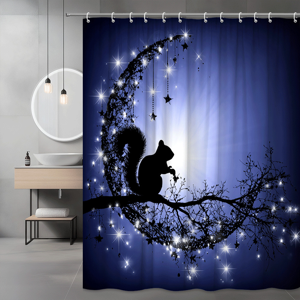 Squirrel Moon Silhouette Shower Curtain Blue Night Sky